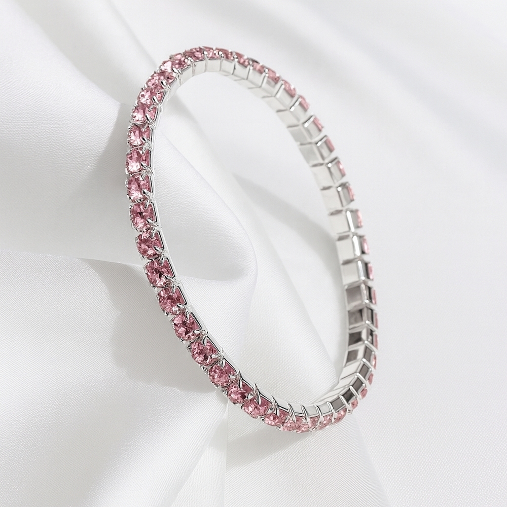 Silver Stretch Bracelet with Pink Stones - Minimalist Women's Fashion Jewelry